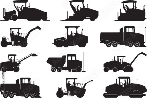 Black Silhouettes of Various Construction Vehicles and Equipment