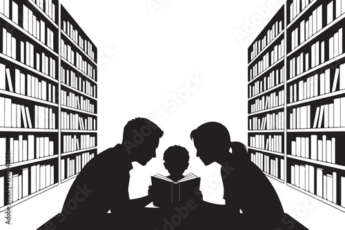Family reading books in a library with bookshelves in the background