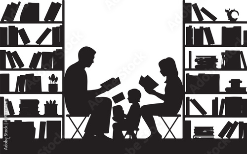 Family reading books in a library with bookshelves