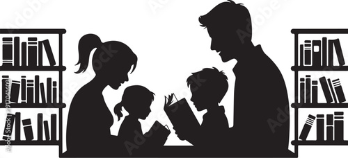 Family reading books together in library silhouette