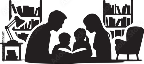 Family reading together in a library with bookshelves and armchairs