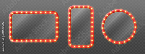 Set of glowing retro red frames with light bulbs for vintage signage, theater, carnival, holiday and promo