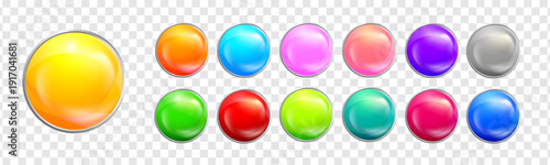 3D glossy colorful round UI buttons set with glass effect isolated on transparent background. Web and app interface elements