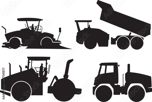 Five black construction vehicles silhouette machinery