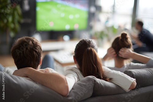 Family Enjoy Entertainment Watching Sport on Television at Home Together