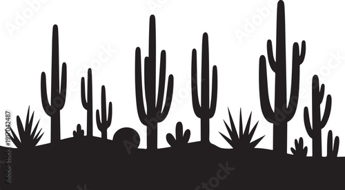 Silhouette of Cacti and Desert Plants on a Hill black 1
