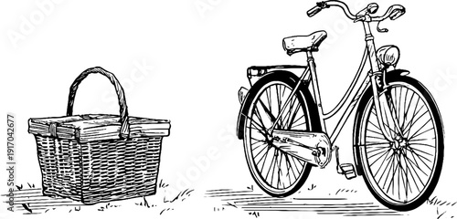 Vintage hand drawn bicycle and basket engraving for retro design projects