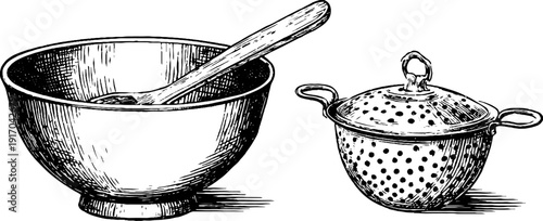 Vintage engraved illustration of cottage cheese bowl and sieve for retro kitchen decor