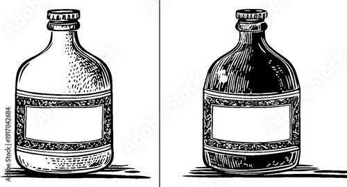 Vintage engraved illustration of cream top bottle and cap for retro design projects