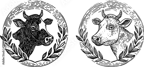 Vintage dairy label design with engraved cow heads for branding and packaging