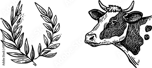 Vintage engraved dairy stamp set with cow head and laurel design for labels