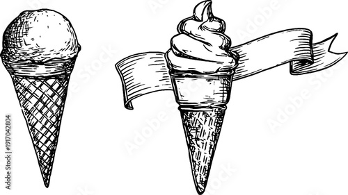 Vintage engraved ice cream parlor sign and cone sketch for retro design