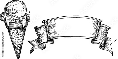 Vintage ice cream parlor design with engraved cone and sign elements for retro branding