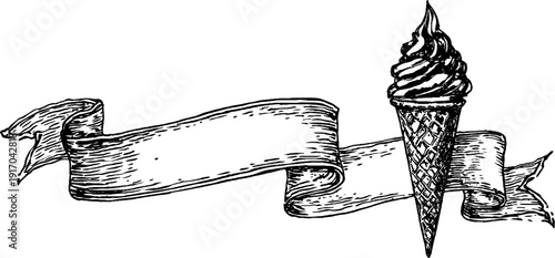 Vintage hand-drawn ice cream parlor sign and cone illustration for retro design