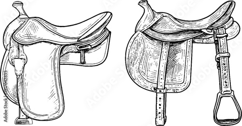 Vintage hand-drawn sketch of leather saddle and stirrup set for equestrian design