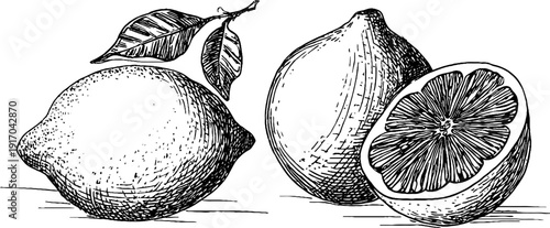 Vintage engraved illustration set of whole lemons and oranges for design and decoration
