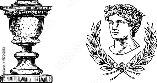 Vintage marble bust and laurel wreath set illustration for classic design