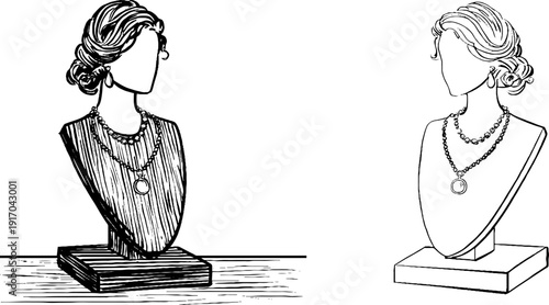 Vintage necklace display set with bust stand and chain engraving for jewelry design