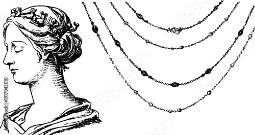 Vintage necklace bust and chain set illustration for retro design