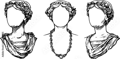 Vintage engraved illustration set of necklace bust stands and chains for design