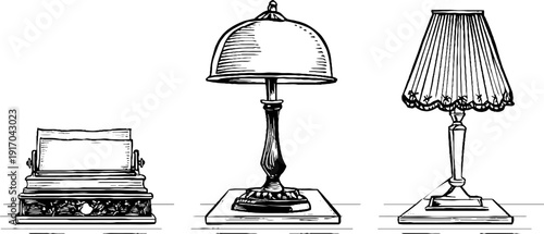 Vintage engraved illustration set featuring office desk, blotter, and lamps for retro design projects