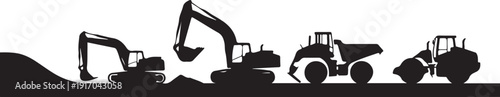 Silhouettes of construction vehicles on a dirt background