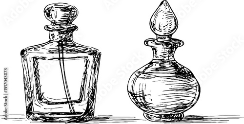 Vintage perfume bottle with atomizer bulb engraving for retro design projects