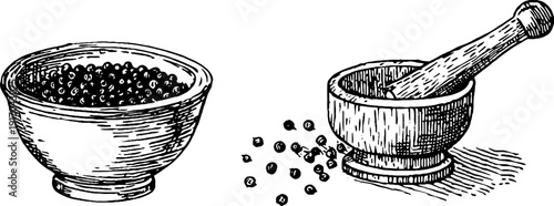 Vintage engraving of peppercorns and mortar with pestle for culinary design