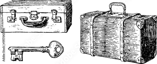 Vintage travel accessories: hand-drawn engraved suitcase and key illustration set for retro design