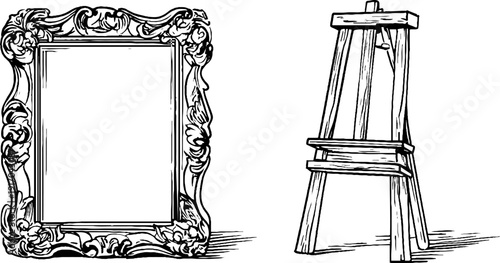 Vintage picture frame and easel set engraving for art display or design inspiration