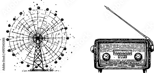Vintage radio and ferris wheel engraving set for retro design and decor