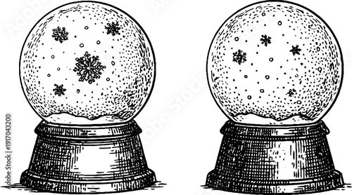 Vintage snow globe sketches with intricate snowflake designs for holiday decor