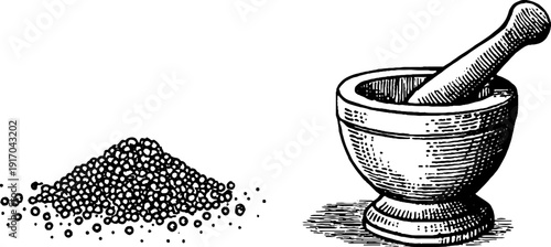 Vintage spice merchant emblem and mortar design for culinary art and ephemera