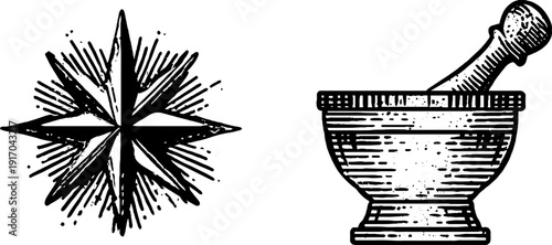 Vintage spice merchant emblem and mortar design for culinary and herbal themes