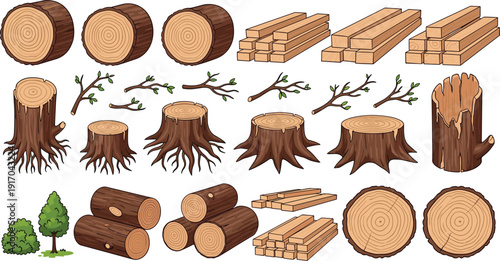 Wood logs planks and tree stumps vector collection with timber forest resource illustration set