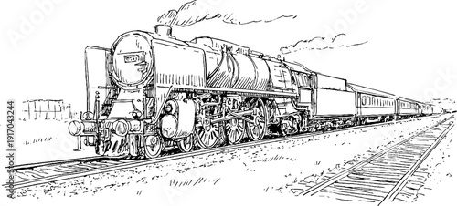 Vintage steam locomotive and coal tender sketch for retro design projects