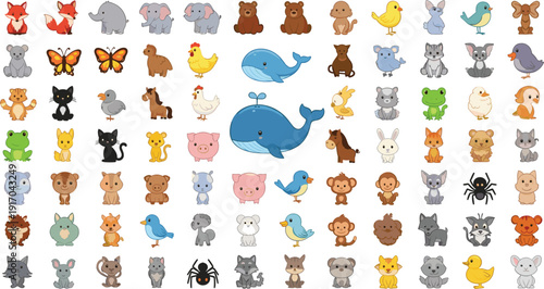 Cute cartoon animals vector collection with forest farm pet and wildlife characters illustration set
