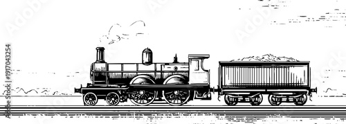 Vintage steam locomotive and coal tender engraving for design and print