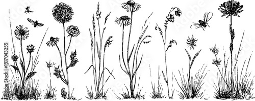 Vintage engraved illustration of summer meadow flowers and grasses for botanical design