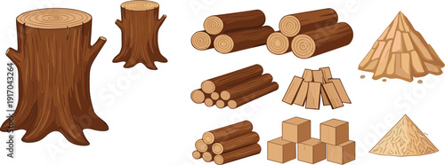 Wood log and timber cartoon vector collection with stump planks blocks and sawdust illustration set
