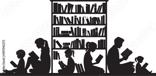 Silhouettes of people reading books in front of a bookshelf
