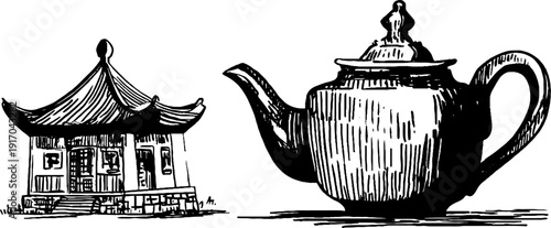 Vintage tea house badge and teapot engraving set for retro design and decoration