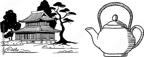 Vintage tea house and teapot sketch set for retro design projects