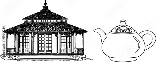 Vintage tea house and teapot engraving design for cards and decor