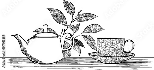 Vintage engraving of tea leaves, teapot, and cup for retro kitchen decor