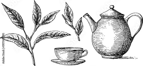 Vintage tea set with leaves design for craft and decoration