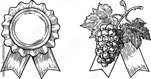 Vintage engraved illustration set of wine cellar seal and grape design for labels and decorations