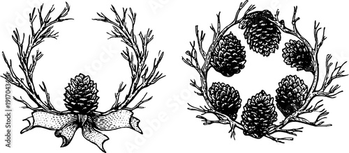 Vintage winter wreath and pine cones engraving - perfect for holiday design