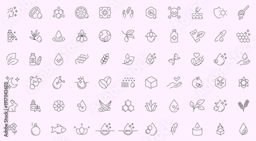 Organic cosmetic icon set. Eco cosmetics icon. Organic natural products. Natural cosmetics. Eco friendly, sensitive skin, vegan, paraben, antibacterial, allergen free, lab tested. Editable Stroke.