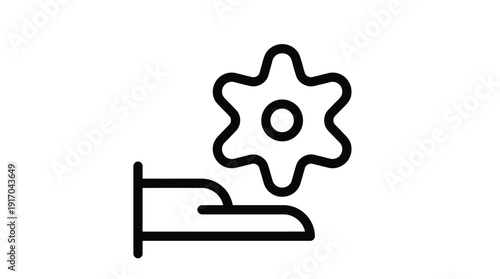 Simple line icon of a bed with a gear above it symbolizing sleep settings or configuration.